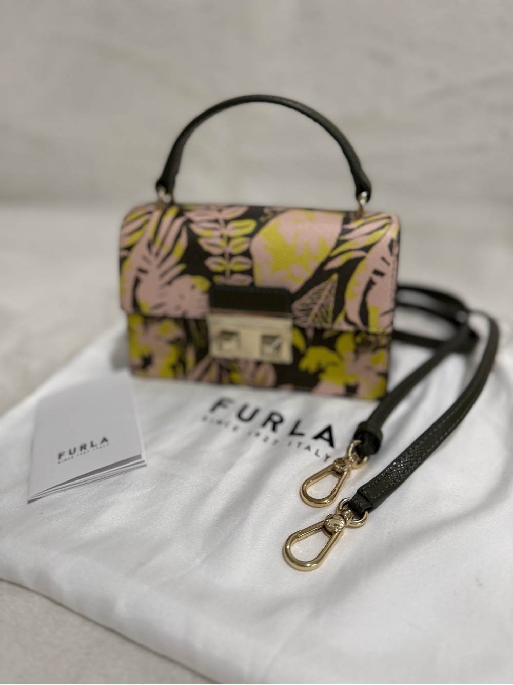 Furla Leaf Print Leather Satchel Mini Bag Toni Yellow /Olive - Like New